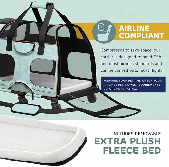 Airline Compliant Pet Carrier with Removable Wheels and Telescopic Handle