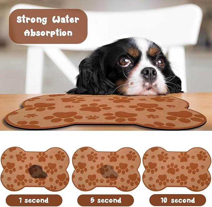 Dog Food Mats for Floors Waterproof, Pet Feeding Absorbent Water Bowl Mat Cat Placemats Brown Bone Shape 23.6 * 15.7 inch