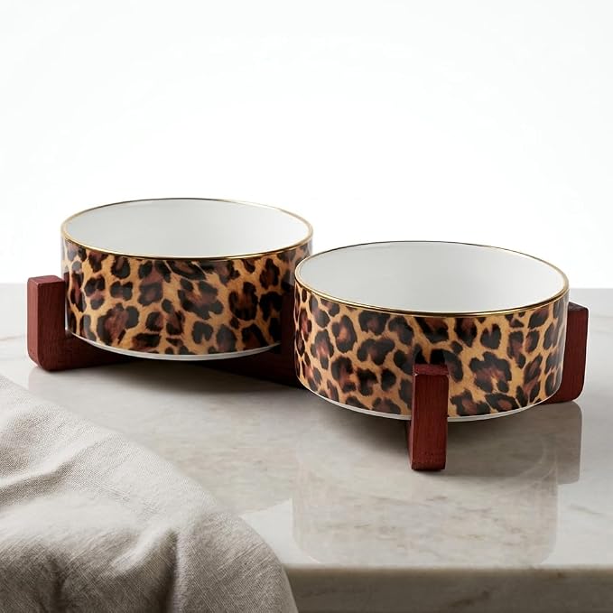 Dog Bowl Set with Wood Stand, Non-Slip Anti-Tip Elevated Design, Double Ceramic Animal Food Water Cat Bowls, Suitable for Large/Medium Sized Dog Pet Feeder Dish Station - 32 OZ, Leopard Print