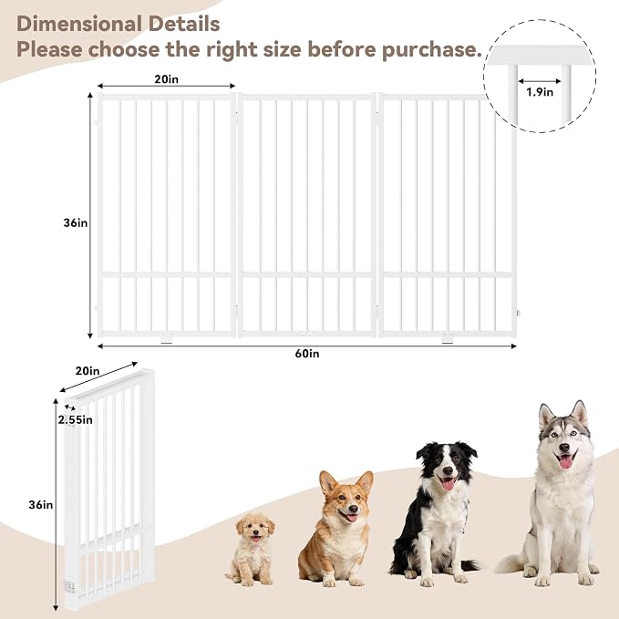 SNUOWU Full Metal Freestanding Dog Gate with Door, 36''Height Foldable Pet Dog Fence for Indoor & Outdoor, 3 Panels Extra Wide Free Standing TallDog Gates for Doorways,House,Stairs,Porch,Deck,Yard