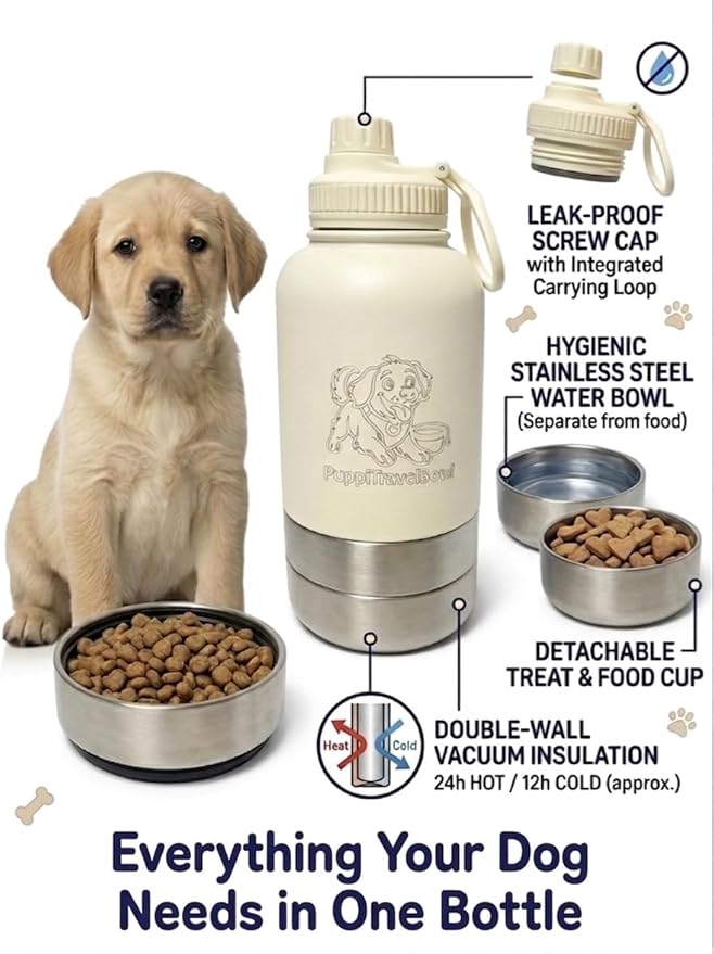 PuppiLovePets PuppiTravelBowl 3-in-1 Dog Travel Water Bottle – 32oz Insulated Aluminum Container with 2 Detachable Cups, Leak-Proof & BPA-Free Portable Feeder for Hiking and - Navy Blue