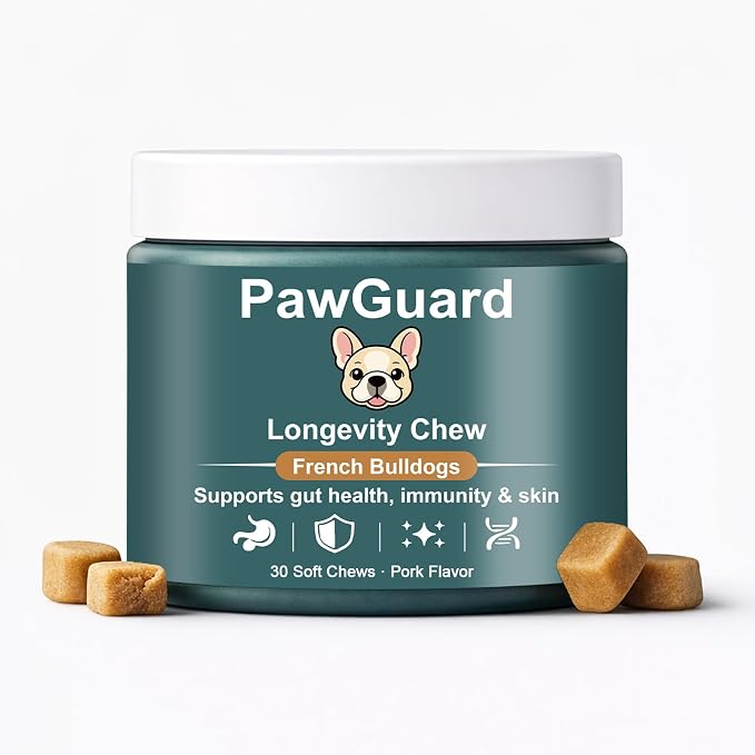 PawGuard French Bulldog Longevity Chews, Breed-Specific Formula Supplement for Bulldogs' Probiotics Chews, Supports Gut Health, Immunity & Skin, Pork Flavor, 30 Count (1 PC)