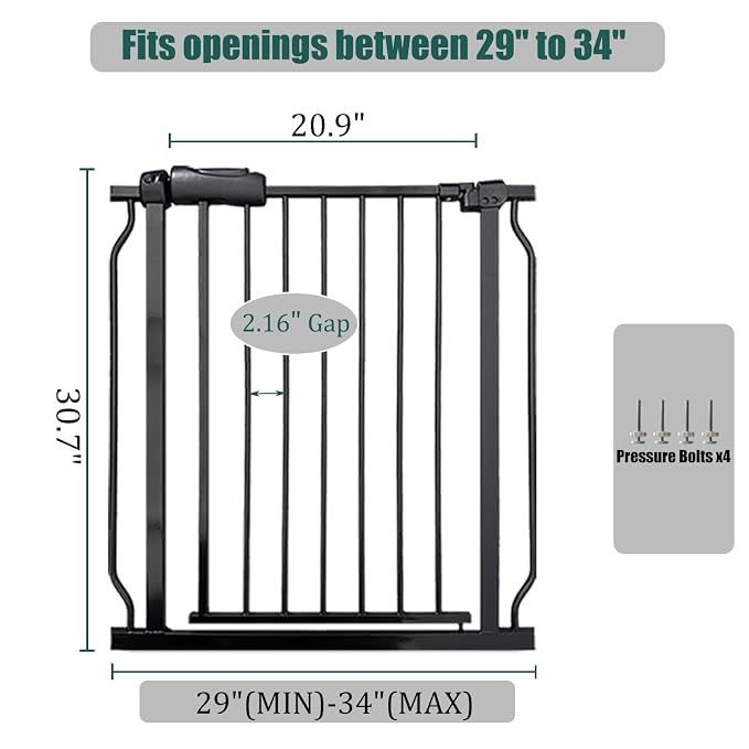 Baby Gate for Stairs and Doorways, 29-34" Dog Gates for The House, Pressure Mounted Indoor Pet Gate with Walk Thru Door, Auto Close Child Safety Gate, Black