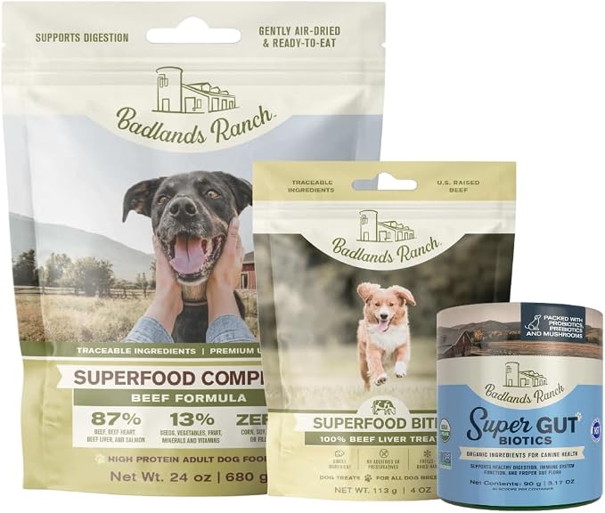 BADLANDS RANCH Superfood Complete Beef 24 oz., Super Gut Biotics, Freeze Dried raw Beef Liver Dog Treats 4 oz.