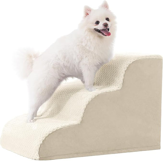 Dog Stairs Ramp, Curved 3-Step Dog Steps for Small Dogs and Cats, Pet Stairs for High Beds and Couch with Anti-Slip Washable Cover and Durable High Density Foam, Beige