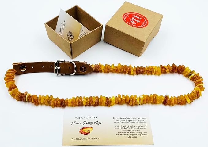 Baltic Amber Dog & Cat Collar - Adjustable Leather Strap with Raw Knotted Amber Beads (30-35cm)
