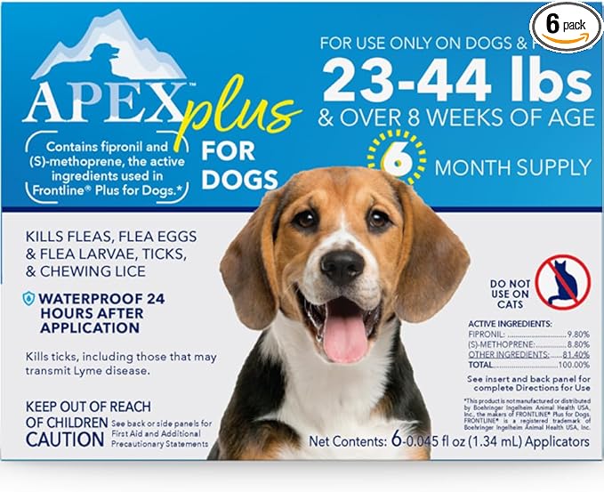 Apex Plus Flea and Tick Prevention for Dogs | Medium (23-44 lbs) | 6-Month Supply | Dog Flea and Tick Treatment | 24-Hour Activation, Waterproof, 30-Day Protection