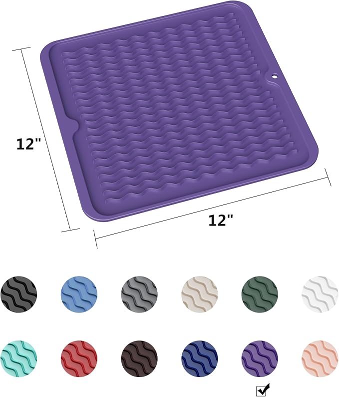 ZLR 4-in-1 Silicone Mat 12" x 12" / 305 x 306mm Square - Dish Drying Mat, Air Fryer Mat, Coffee Maker Pad & Heat Resistant Trivet (up to 450°F) - Non-Slip Food-Grade BPA-Free (Meadow Violet)