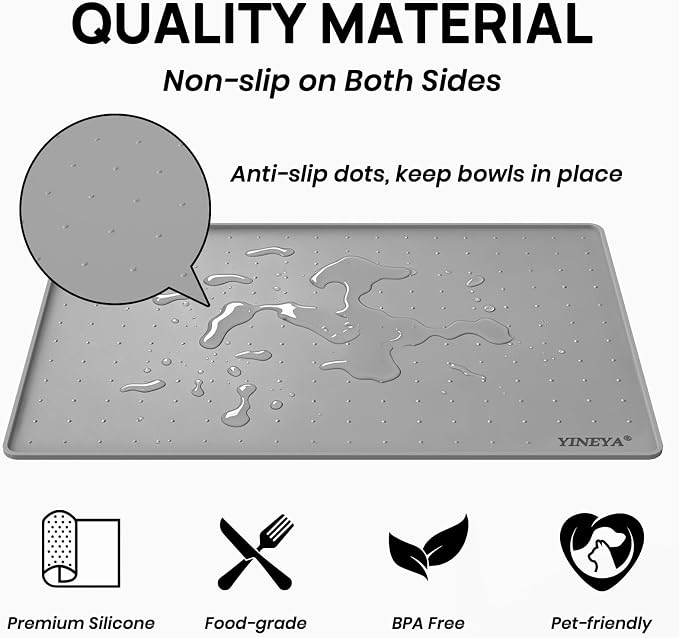 YINEYA Silicone Dog & Cat Food Mat Waterproof 18" x 12", Raised Edge Dog Bowl Mat for Food and Water, BPA-Free Non-Slip Pet Feeding Mats for Floors, Multifunctional Silicone Mat (Gray)
