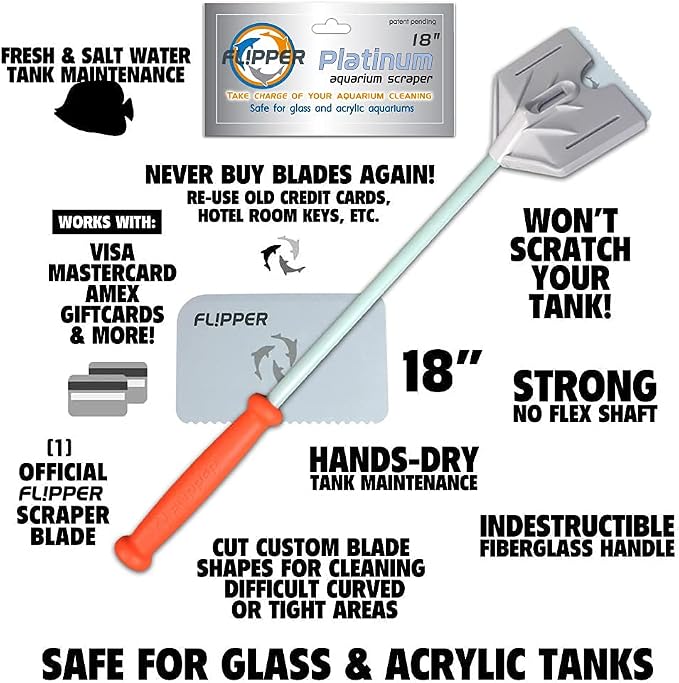 Flipper Platinum Aquarium Hand Scraper Tool – Glass and Acrylic Fish Tank Cleaner – Aquarium Glass Cleaner - Aquarium Glass Scraper with Serrated Blade 18"