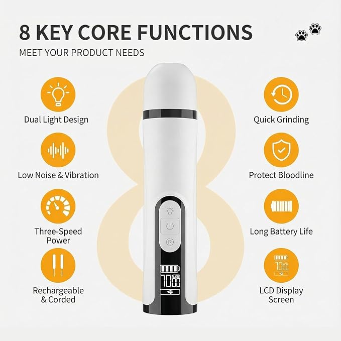 Silent Pet Nail Grinder Pro Dog and Cat Nail Trimmer with LED Light 3-Speed Low Noise Electric Pet Nail Trimmer Painless Paw Grooming Tool for Small Medium Large Dogs Cats, with 2 X Replacement Heads