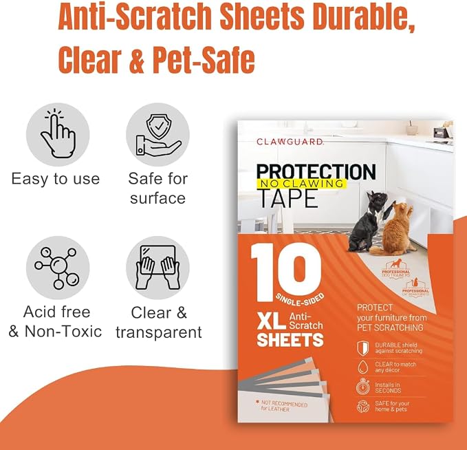 CLAWGUARD Protection Tape Sheets – 10 XL (17x12 in) Pet Scratch Protectors – Door Scratch Protector Dog & Cat – Couch Protector from Cat Claws