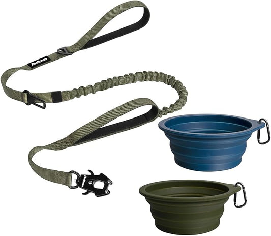PetBonus Heavy Duty Tactical Dog Leash and 2-Pack Large Silicone Collapsible Dog Bowls