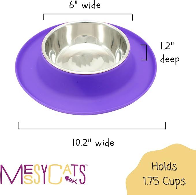 Messy Cats Single Silicone Feeder with Stainless Saucer Shaped Bowl | Anti-Slip Non-Skid Cat Food Bowl | One Cat Bowl in Feeding/Water Station | 1.75 Cups (Purple)
