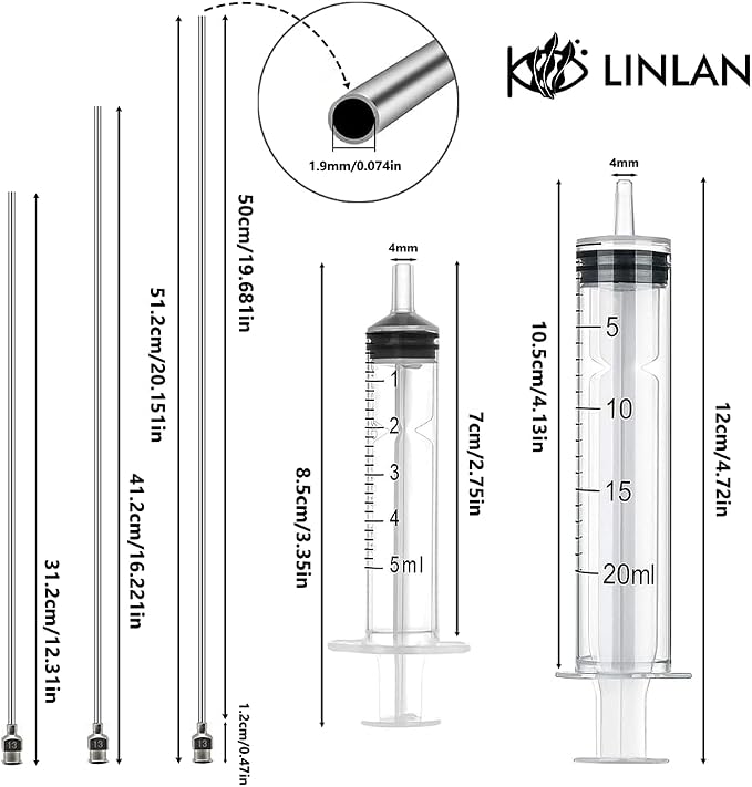 LINLAN 19.6-in Stainless Steel Aquarium Plant Fertilizer Injector Kit - Includes a Stainless Steel Long Needle and Two Syringes (5 ml + 20 ml) for use with Aquatic Plants.