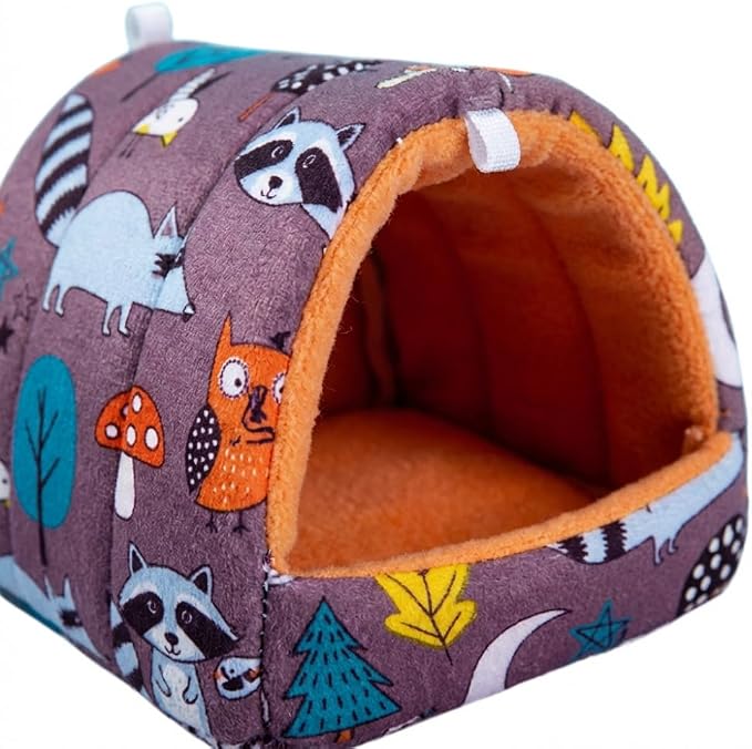 Guinea Pig Hideout 9.84 Inch, 4 Pack Small Animal Bed with Secure Hooks, Washable Fleece House for Guinea Pigs, Rabbits, Chinchillas, Hedgehog, Hamsters, Ferrets (Multi Patterns)