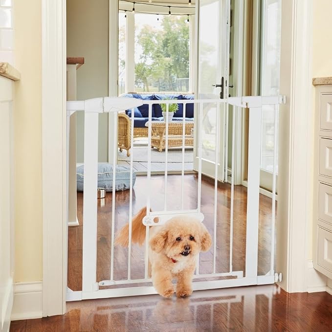 MYPET EasyPass Wide Walk Thru Pet Gate for Dogs and Cats: 29.75-37.5" Wide with Adjustable Pass-Thru Pet Door, Pressure Mounted, No Tools Needed, 30" Tall, White Metal