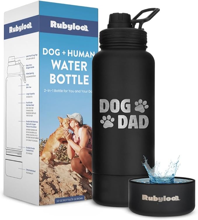 Rubyloo Original Doggy Bag (Paw Print) & 32oz Insulated Water Bottle with Attached 8oz Bowl (Dog Dad) – Dog Travel Bag & Hydration Set