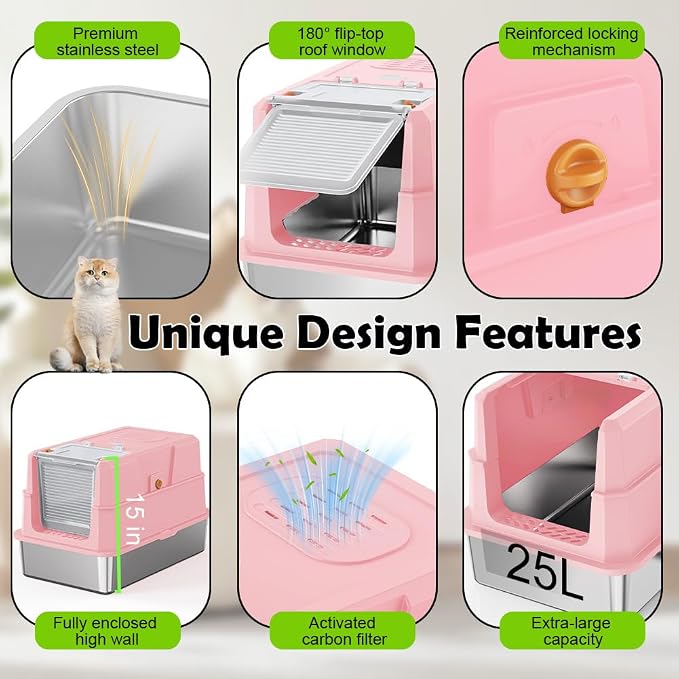 SZEE Stainless Steel Cat Litter Box with 180°Flip-Top Lid, Easy Clean XL Enclosed Litter Box, Large Covered Steel Cat Box with Scoop, Odor Control and Anti-Urine Leakage, 23.2 * 15 * 15 Inch, Pink