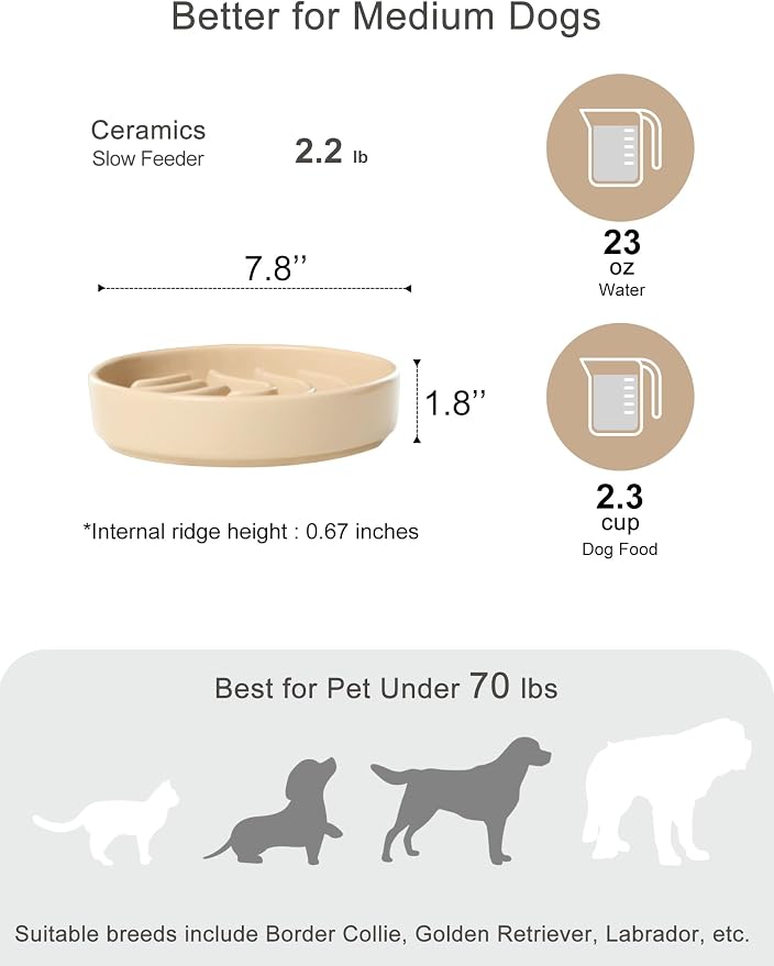 Ceramic Slow Feeder Dog Bowl, Maze Puzzle Non-Slip Silicone Base Stoneware Bowl for Small Medium Dogs, Heavy Duty Anti-Bloat Dog Food Bowl Dishwasher Safe – Apricot, Medium