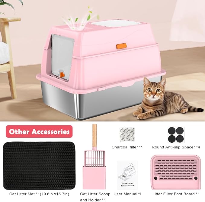 Vivifying Stainless Steel Litter Box with Lid, XL Front Entry Enclosed Extra Large Litter Box for Big Cats & Kitty, Top Exit Metal Cat Pan with Scoop, Mat, Footboard, Charcoal Filter (Pink)