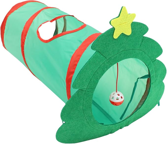 Christmas Tree Cat Tunnel Toys, 22" Foldable Indoor Cat Maze Tunnel with Crinkle Bell Ball for Kittens Puppy Small Pets Playing (Christmas Tree)