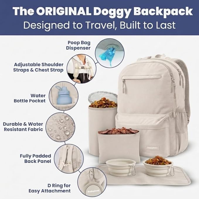 Dog Travel Bag for Supplies - Complete Dog Diaper Bag Backpack with 2 BPA-Free Travel Bowls, Treat Pouch, Food Container, Placemat & Laptop Sleeve – for Traveling, Road Trips, Hiking: Beige