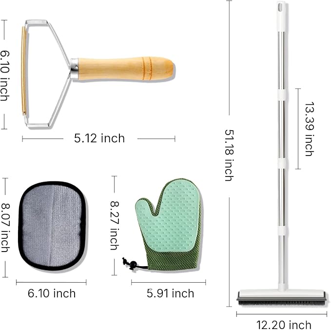 Carpet Rake for Pet Hair Removal, 4 in 1 Reusable Pet Hair Removal Tool Kit, 50'' Adjustable Long Handle Dog & Cat Hair Remover Broom with Handle & 2 Pets Hair Removal Gloves for Carpets, Rugs, Couch