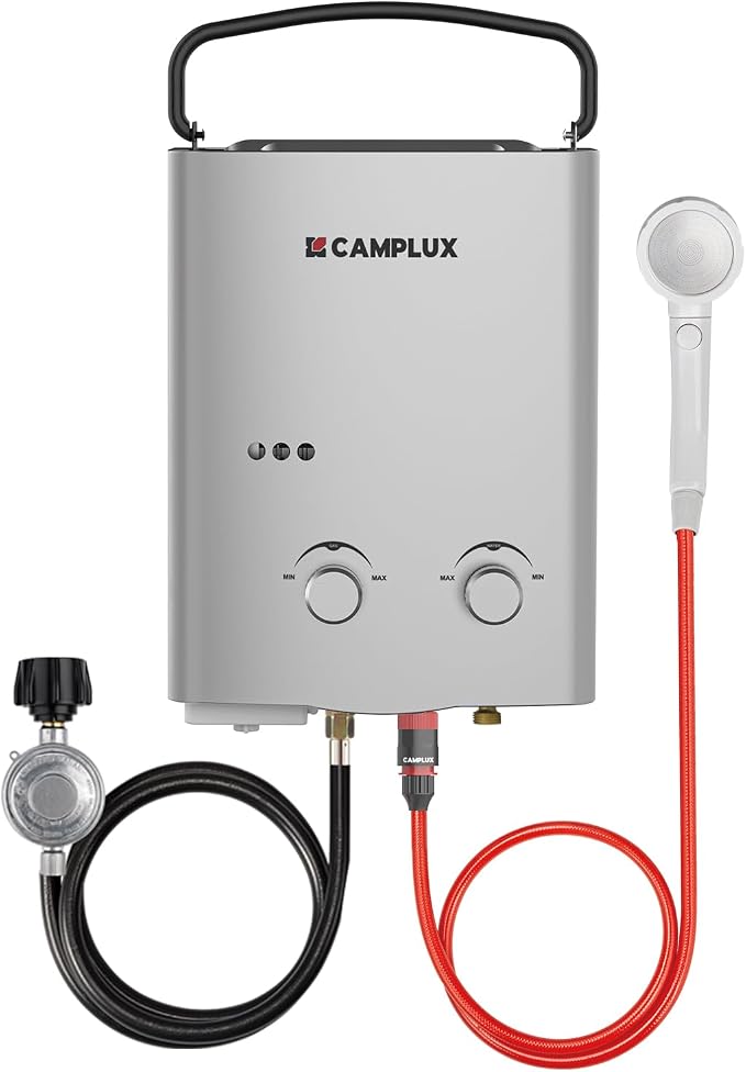 CAMPLUX Portable Tankless Water Heater, 1.32 GPM 5L Propane Water Heater for Camping, RV & Off-Grid, Instant Outdoor Hot Water Shower System with Gas Regulator, Battery Powered, AY132G, Gray