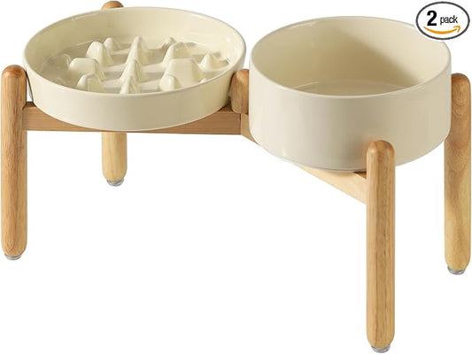 Havniva 9.5” Raised Slow Feeder Dog Bowls Set, 3.2 Cups Ceramic Slow Feeder Dog Bowl and 8.2” Dog Water Bowl with Elevated Wooden Stand Puzzle Dog Food Bowl for Large Dogs Anti-Gulping & Anti-Choking