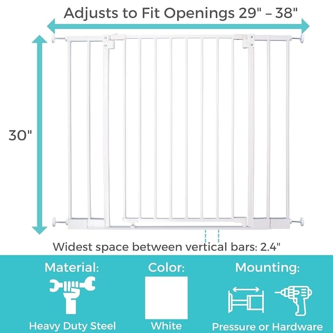 Toddleroo by North States - StepSafe Auto Close Baby Gate: Adjustable Safety Gate for Kids - 29 to 38 Inches Wide - 30 Inches Tall - White