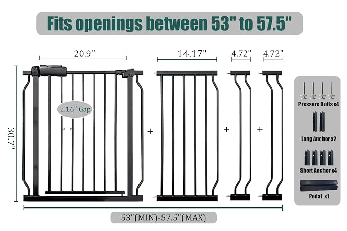 Extra Wide Baby Gate 53-57.5" Walk-Through Dog Gate for Stairs, Doorways & Hallways, 30" Tall, Auto-Close & Dual-Swing Safety Child Gate Indoor, Easy Install Pressure-Mounted Pet Gate, Black