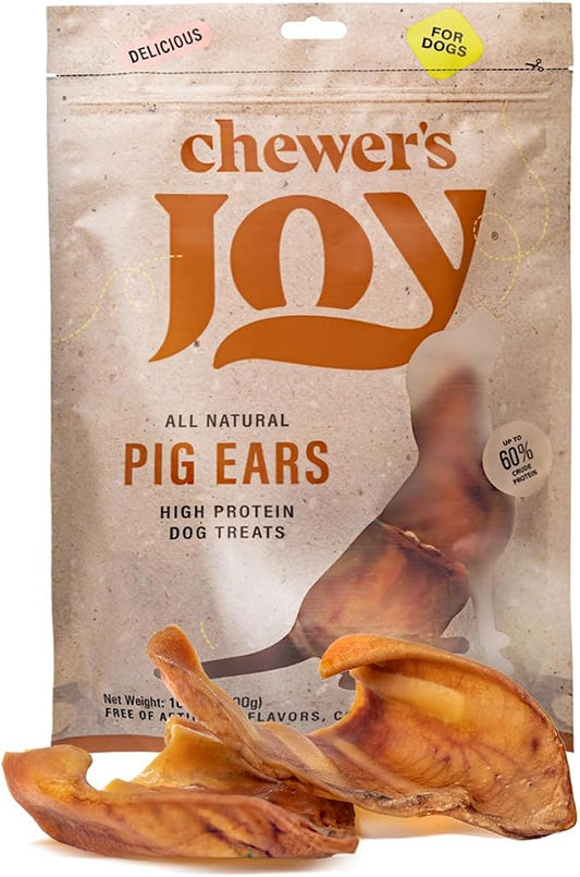 Chewer´S Joy - Treats - Pig Ears for Dogs – 12 Count – Natural Chew Treats – Long-Lasting, Single Ingredient, Oven-Baked – Great for Dental Health and Stress Relief