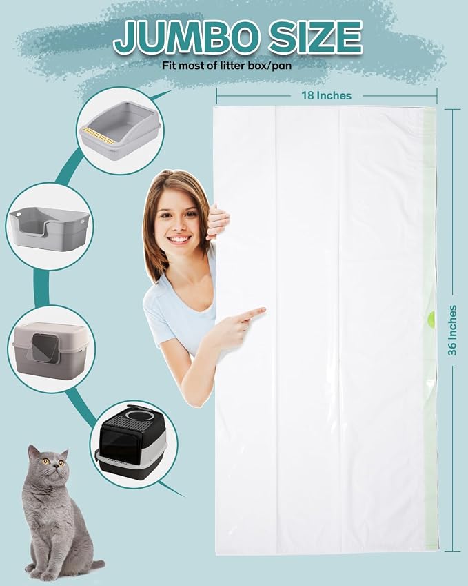 60 Count Litter Box Liners, 36" x 18" Jumbo Size Cat Litter Bags, Thick Large Kitty Litter Liner XL, Easy Clean Up Litter Pan Liners, Pet Cat Supplies
