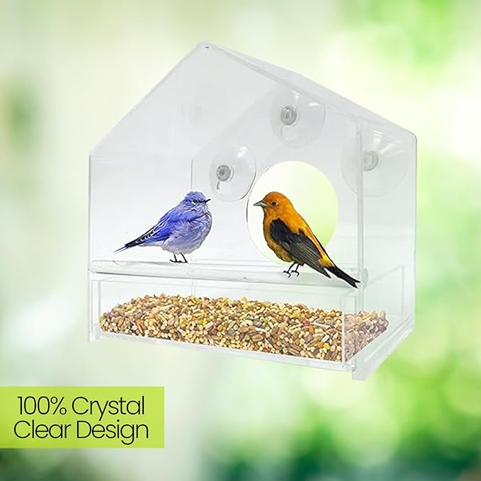 Nature Gear Window Bird Feeder with Strong Suction Cups, Clear Acrylic Window Mounted Bird Feeder, Removable Sliding Tray, Weather-Resistant, Durable, Squirrel-Resistant, House Style