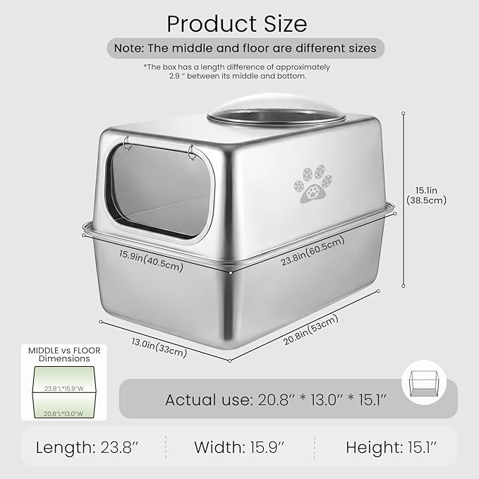 Ptlom Enclosed Stainless Steel Cat Litter Box with Lid, Extra Large Metal Litter Box, Leak-Proof High Sided Covered Litter Box for Kitties & Multi Cats, Non-Stick, Includes Litter Mat & Scoop