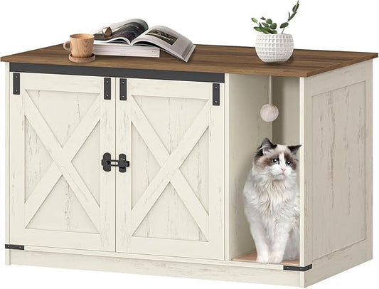 Hzuaneri Cat Litter Box Enclosure, Hidden Litter Box Cabinet Furniture with Bell, Indoor Cats House, Farmhouse Style, 39.4 x 21.7X 24.8 Inches for Hallway, Bedroom, Rustic Brown and White CB85214X