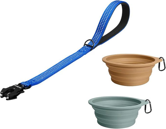 PetBonus Heavy Duty 24 Inch Short Dog Leash and 2-Pack Large Silicone Collapsible Dog Bowls