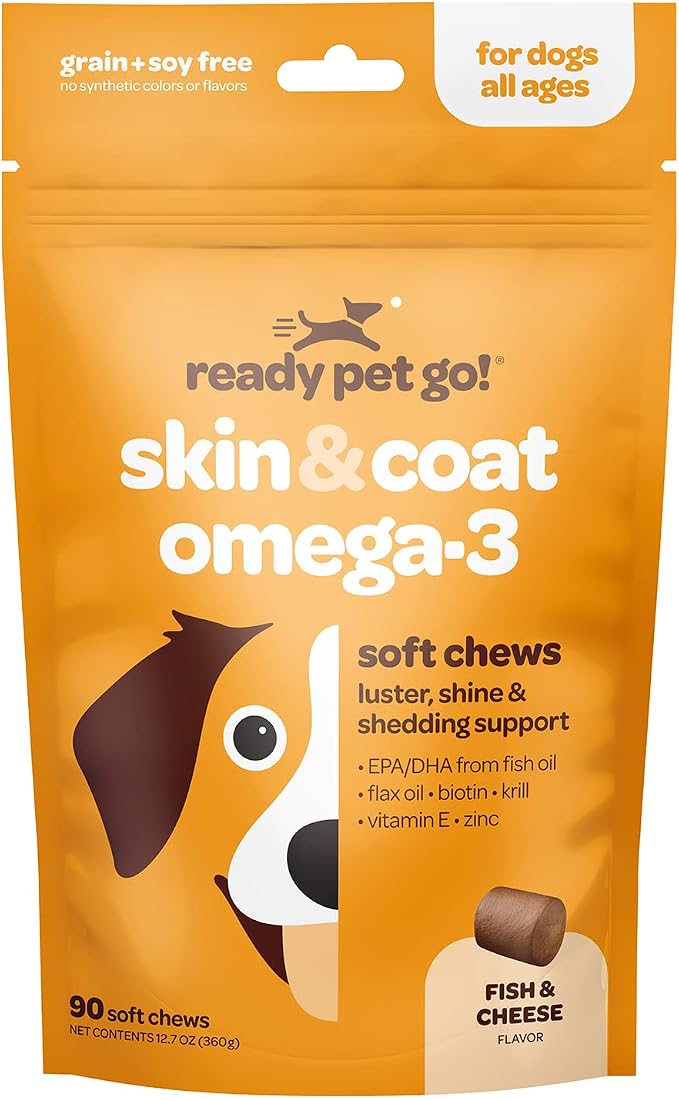 Ready Pet Go! Omega 3 + Calming Chews for Dogs | Helps with Dog Anxiety, Separation & Barking | Fish Oil for Dog Shedding, Skin Allergy, Itch Relief | 90 Chews Each