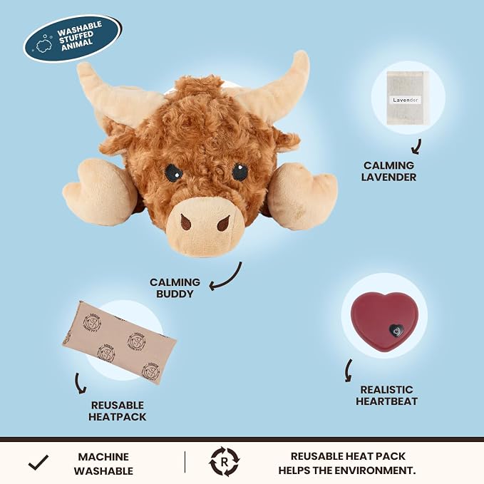 Cow - Puppy Heartbeat Toy for Anxiety Relief with Reusable Heat Pack and Lavender, Sleep Aid for Dogs, Plush Comfort Toy for All Breads
