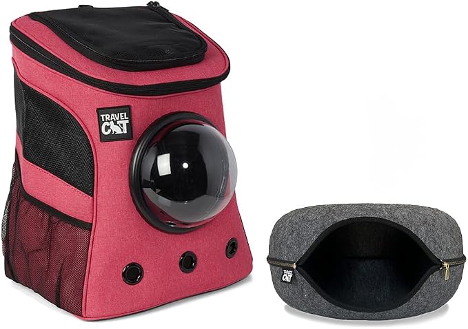 Fat Cat Backpack Carrier in Deep Rose Pink & Grey Donut Cat Tunnel Bed – Airline Approved Pet Carrier with Bubble Window & Cozy Cat Cave for Travel, Play, and Rest