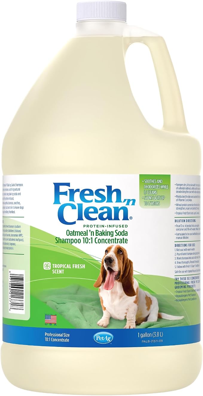 PetAg Fresh ’n Clean Oatmeal ’n Baking Soda Shampoo - Tropical Fresh Scent (10:1 Concentrate) - 1 Gallon - Nurtures Dry, Itchy Skin with Vitamin E & Aloe - Strengthens & Repairs - Soap Free
