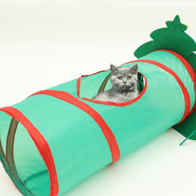 Christmas Tree Cat Tunnel Toys, 22" Foldable Indoor Cat Maze Tunnel with Crinkle Bell Ball for Kittens Puppy Small Pets Playing (Christmas Tree)
