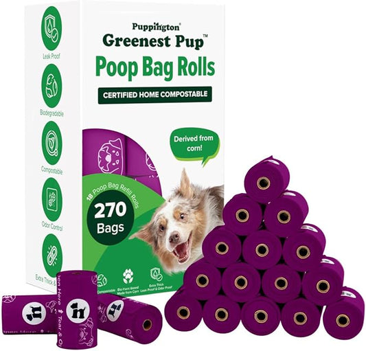 Puppington Certified Home Compostable Poop Bags - ASTM D6400 Compliant - 270 Extra Thick Bags - Plant Based - Pairs with Puppington 3-in-1 Bag & Fits all Standard Poop Bag Dispensers (Plum Wine)