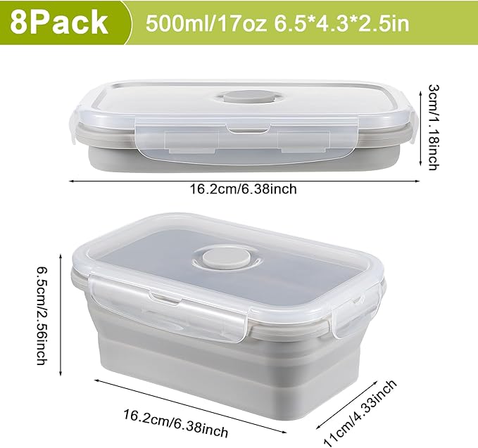 Mifoci Set of 8 Silicone Collapsible Bowls for Camping with Vent Lid Silicone Storage Containers for Food Meal Preparation Square Bowl Microwave Freezer Dishwasher Safe(Gray,17 Oz/ 500 ml)