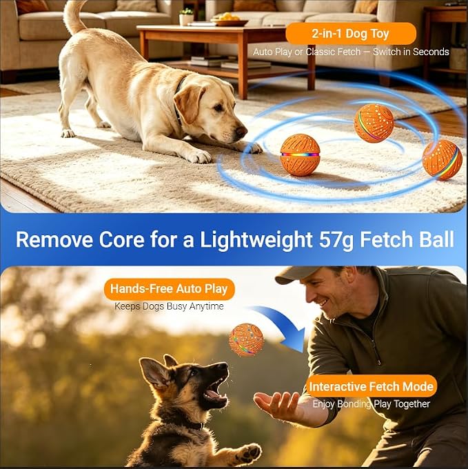 Interactive Dog Ball Toy for Small Medium Dogs – Automatic Rolling, Bouncing & Moving Dog Toy with LED Lights, 2-in-1 Fetch Toy, Durable E-TPU, USB Rechargeable (2.8” Orange)