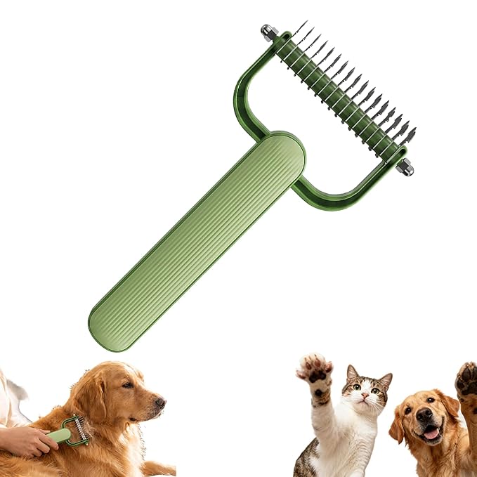 Double Sided Dematting Comb for Dogs and Cats, Undercoat Rake Deshedding Grooming Tool, Gentle Knot Tangles Remover for Long Hair Dogs Cats (Green)