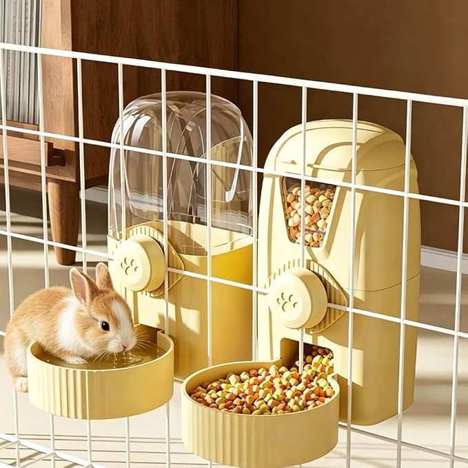 Hanging Pet Feeder Water Dispenser Set - 2-in-1 Gravity Food Water Bowl for Cats Small Dogs Rabbits, Cage Mounted No-Spill Pet Feeding Station (Yellow)