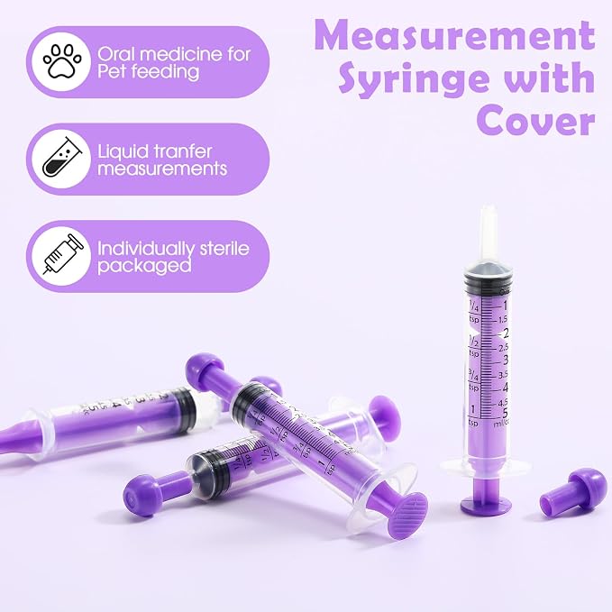 TrelaCo 100 Pack 5ml Syringes with Caps, Colored Plastic Measuring Syringe for Liquid, Pet Feeding, DIY, Party, Craft, Individually Sealed and Wrapped(Purple)