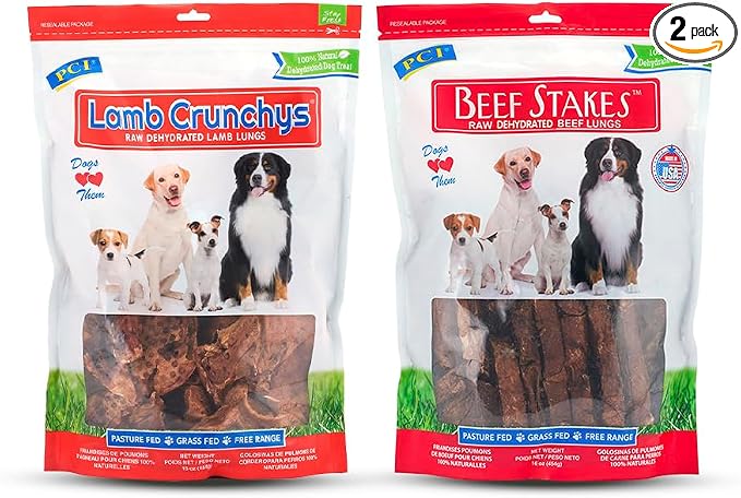 PCI Pet Center, Inc Lamb Crunchys and Beef Stakes Dog Treats Bundle, 16 oz Bags